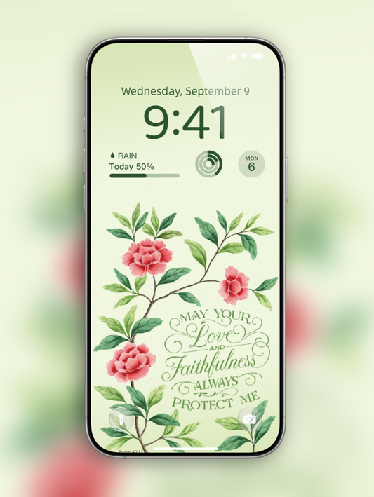 Free Christian phone wallpaper with Psalm 40:11, pink flowers, and green leaves on a phone lock screen