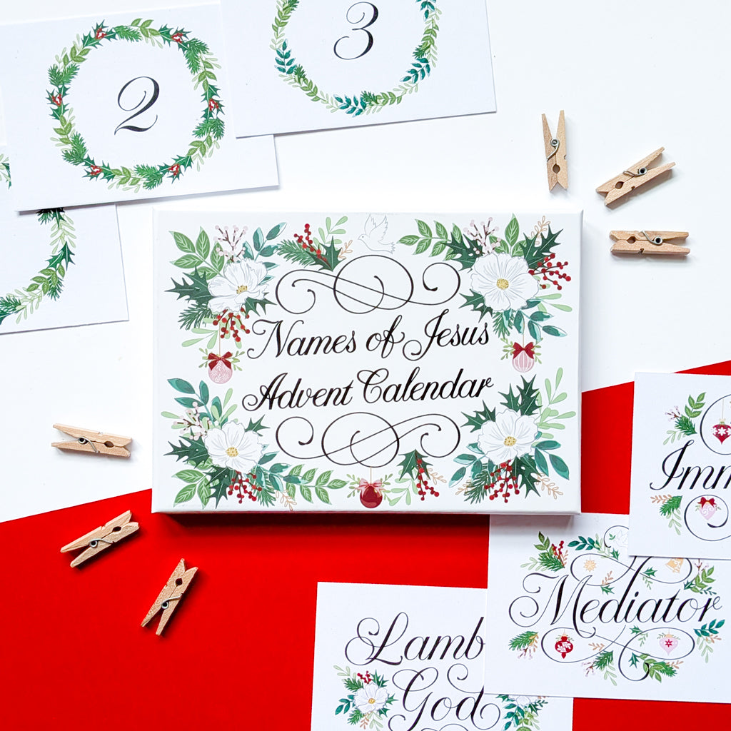Names of Jesus Advent Calendar box with Mediator, Immanuel and Lamb of God name cards
