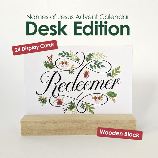 Names of Jesus Advent Calendar Desk Edition with 24 display cards and wooden block stand