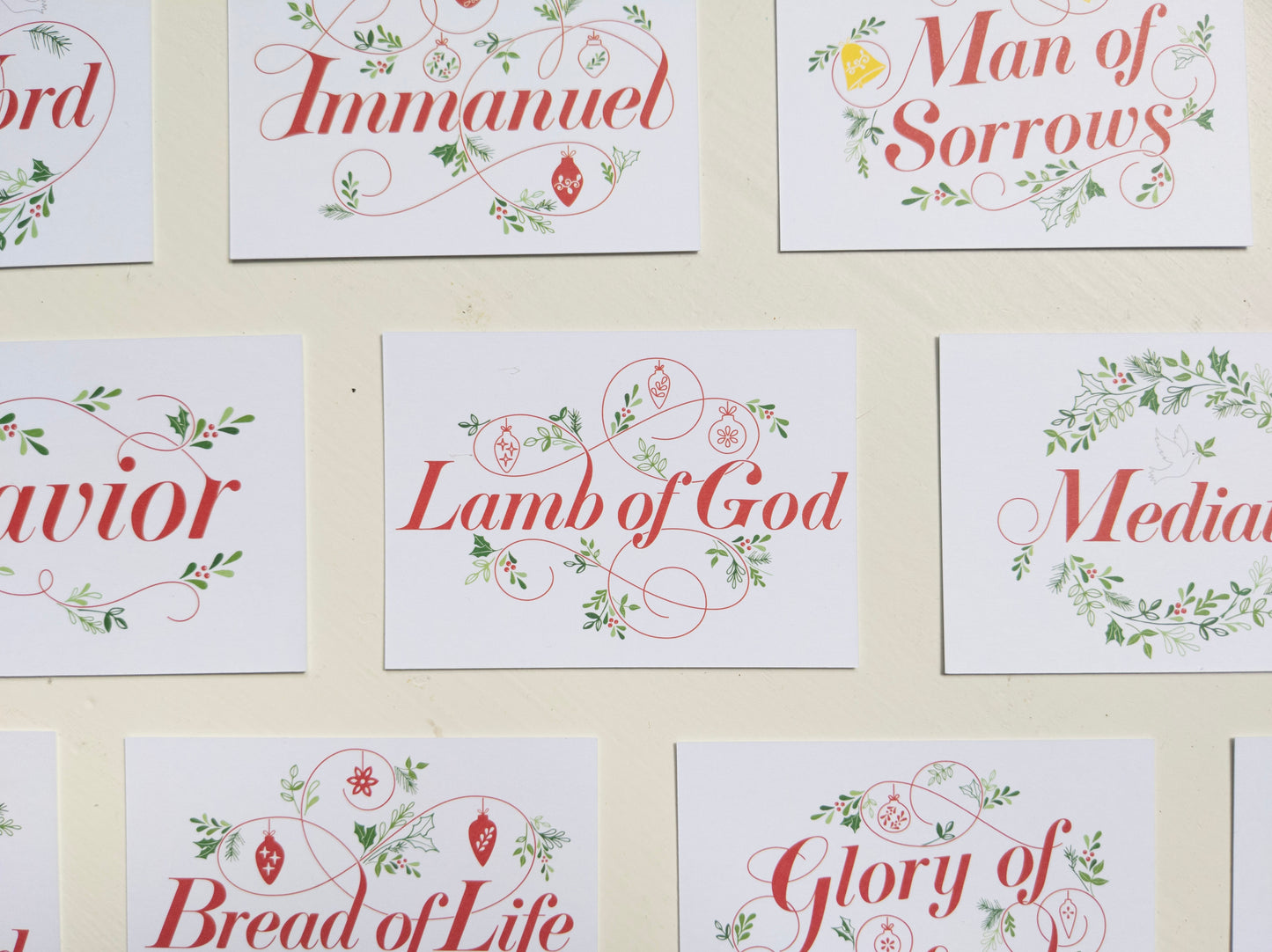 Cards with the words, Immanuel, Man of Sorrows, Lamb of God, Mediator, Bread of Life